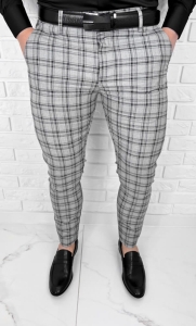 Szare eleganckie spodnie slim fit w czarna krate vp6545