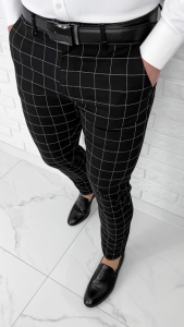 Eleganckie czarne męskie spodnie w białą kratę slim fit 6545