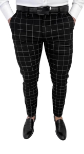 Eleganckie czarne męskie spodnie w białą kratę slim fit 6545