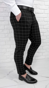 Eleganckie czarne męskie spodnie w białą kratę slim fit 6545