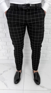 Eleganckie czarne męskie spodnie w białą kratę slim fit 6545