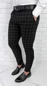 Eleganckie czarne męskie spodnie w białą kratę slim fit 6545