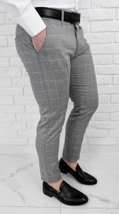Szare eleganckie bawełniane spodnie slim fit w białą kratę M4