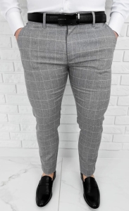 Szare eleganckie bawełniane spodnie slim fit w białą kratę M4