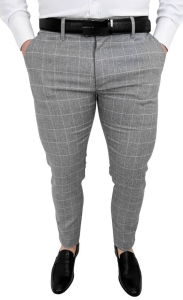 Szare eleganckie bawełniane spodnie slim fit w białą kratę M4