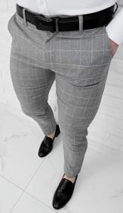 Szare eleganckie bawełniane spodnie slim fit w białą kratę M4