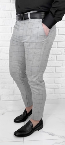 Jasnoszare eleganckie spodnie slim fit w czarną kratę G3