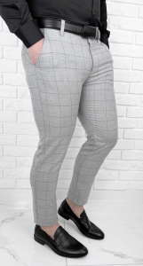 Jasnoszare eleganckie spodnie slim fit w czarną kratę G3