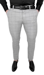 Jasnoszare eleganckie spodnie slim fit w czarną kratę G3