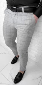 Jasnoszare eleganckie spodnie slim fit w czarną kratę G3