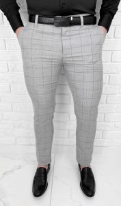 Jasnoszare eleganckie spodnie slim fit w czarną kratę G3