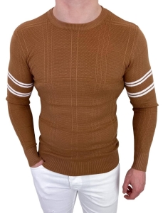 Camelowy sweter męski w paski Stylovy CHL9010
