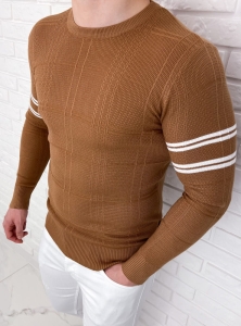 Camelowy sweter męski w paski Stylovy CHL9010