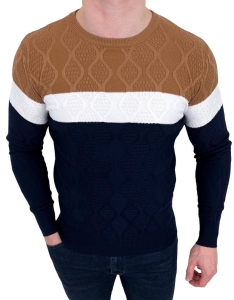Granatowo-camelowy sweter męski w paski Stylovy HHL8039