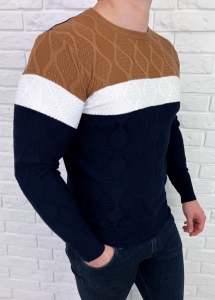Granatowo-camelowy sweter męski w paski Stylovy HHL8039