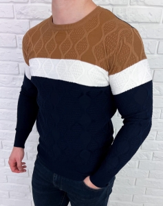 Granatowo-camelowy sweter męski w paski Stylovy HHL8039