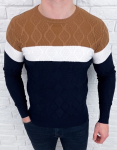 Granatowo-camelowy sweter męski w paski Stylovy HHL8039