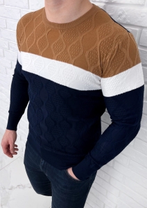 Granatowo-camelowy sweter męski w paski Stylovy HHL8039