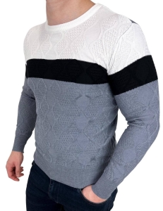 Szaro-biały sweter męski w paski Stylovy HHL8039