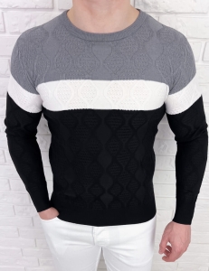 Szaro-czarny sweter męski w paski Stylovy HHL8039