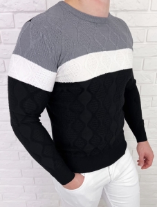 Szaro-czarny sweter męski w paski Stylovy HHL8039