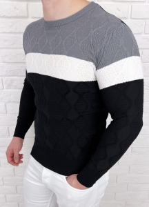 Szaro-czarny sweter męski w paski Stylovy HHL8039