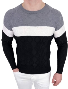Szaro-czarny sweter męski w paski Stylovy HHL8039
