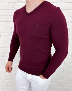 Bordowy sweter męski w serek znaczek 3454