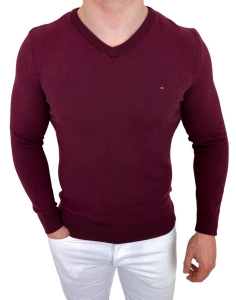 Bordowy sweter męski w serek znaczek 3454