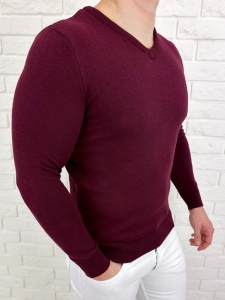 Bordowy sweter męski w serek znaczek 3454