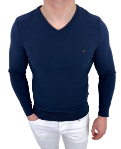 Ciemnogranatowy sweter męski w serek znaczek 3454