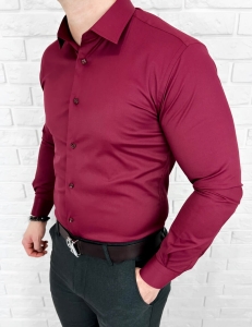 Bordowa koszula męska slim fit z kołnierzem RS-1100