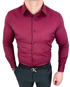 Bordowa koszula męska slim fit z kołnierzem RS-1100