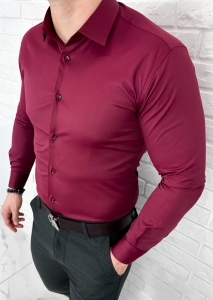 Bordowa koszula męska slim fit z kołnierzem RS-1100