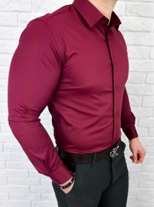Bordowa koszula męska slim fit z kołnierzem RS-1100
