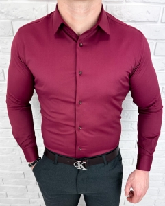 Bordowa koszula męska slim fit z kołnierzem RS-1100