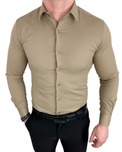Beżowa koszula męska slim fit z kołnierzem RS-1000