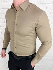 Beżowa koszula męska slim fit z kołnierzem RS-1000