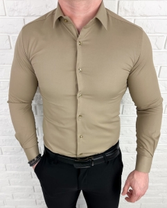 Beżowa koszula męska slim fit z kołnierzem RS-1000