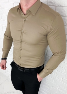 Beżowa koszula męska slim fit z kołnierzem RS-1000