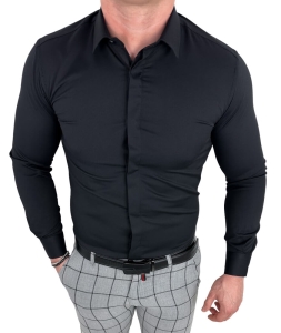 Czarna koszula z krytą plisą slim fit z kołnierzem męska RS-1070