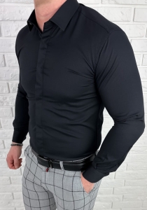Czarna koszula z krytą plisą slim fit z kołnierzem męska RS-1070