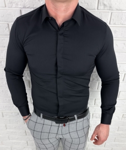 Czarna koszula z krytą plisą slim fit z kołnierzem męska RS-1070