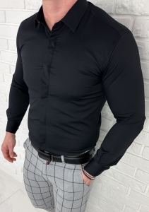 Czarna koszula z krytą plisą slim fit z kołnierzem męska RS-1070