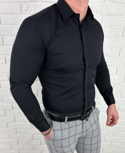 Czarna koszula z krytą plisą slim fit z kołnierzem męska RS-1070