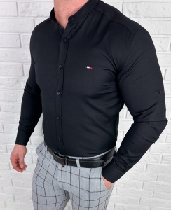 Koszula męska czarna oxford ze stójką slim fit logo 2006