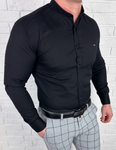 Koszula męska czarna oxford ze stójką slim fit logo 2006