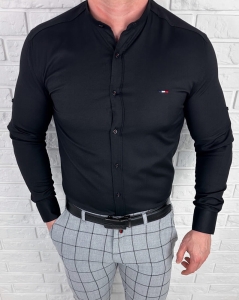 Koszula męska czarna oxford ze stójką slim fit logo 2006