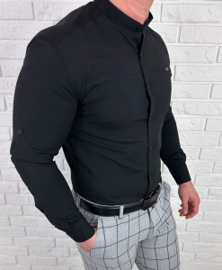 Koszula męska czarna slim ze stójką ozdobne przeszycie IMG2001