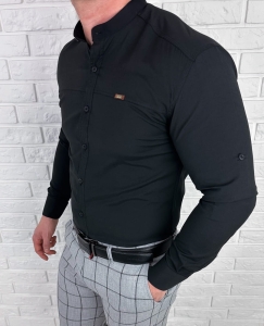 Koszula męska czarna slim ze stójką ozdobne przeszycie IMG2001